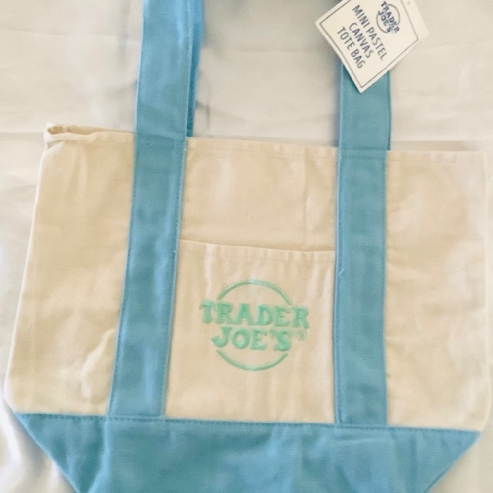 Trader Joe's Cream and Light Blue Canvas Tote Bag